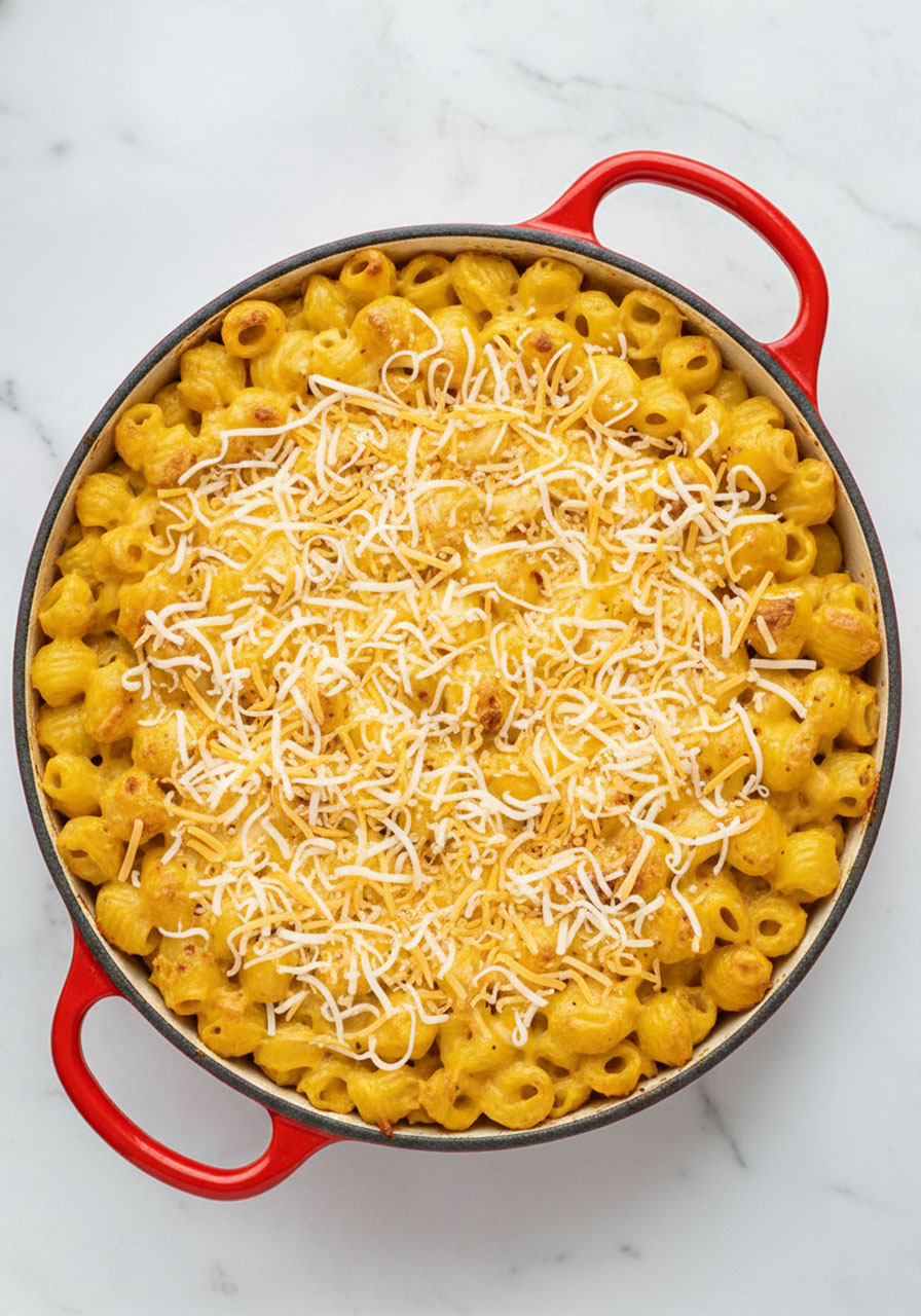 Southern vegan mac and cheese topped with shredded vegan Colby jack cheese ready to go into the oven