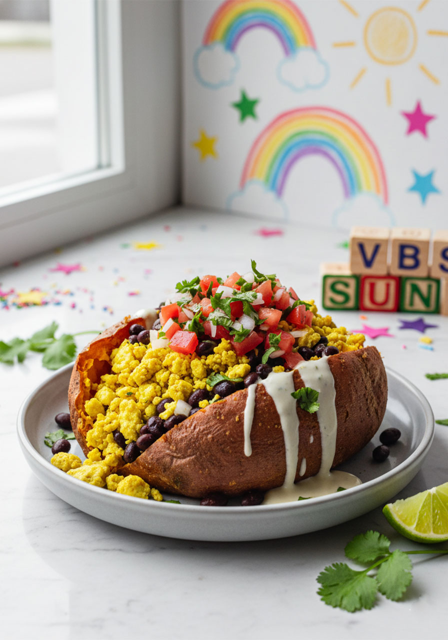 A baked sweet potato stuffed with tofu scramble, black beans and fresh pico de gallo salsa served with a lime wedge