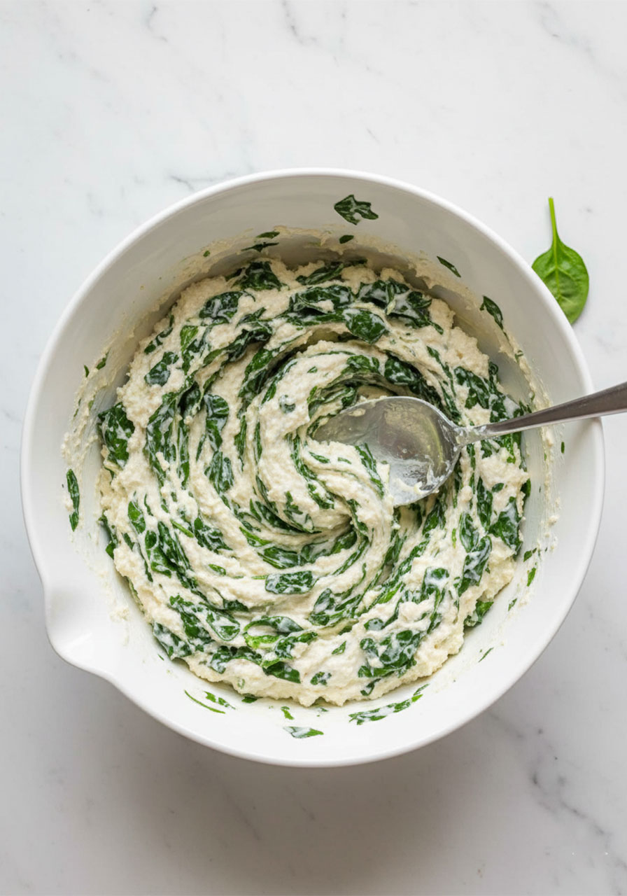 Creamy dairy-free cashew ricotta mixed with spinach filling for vegan stuffed shells in a white bowl