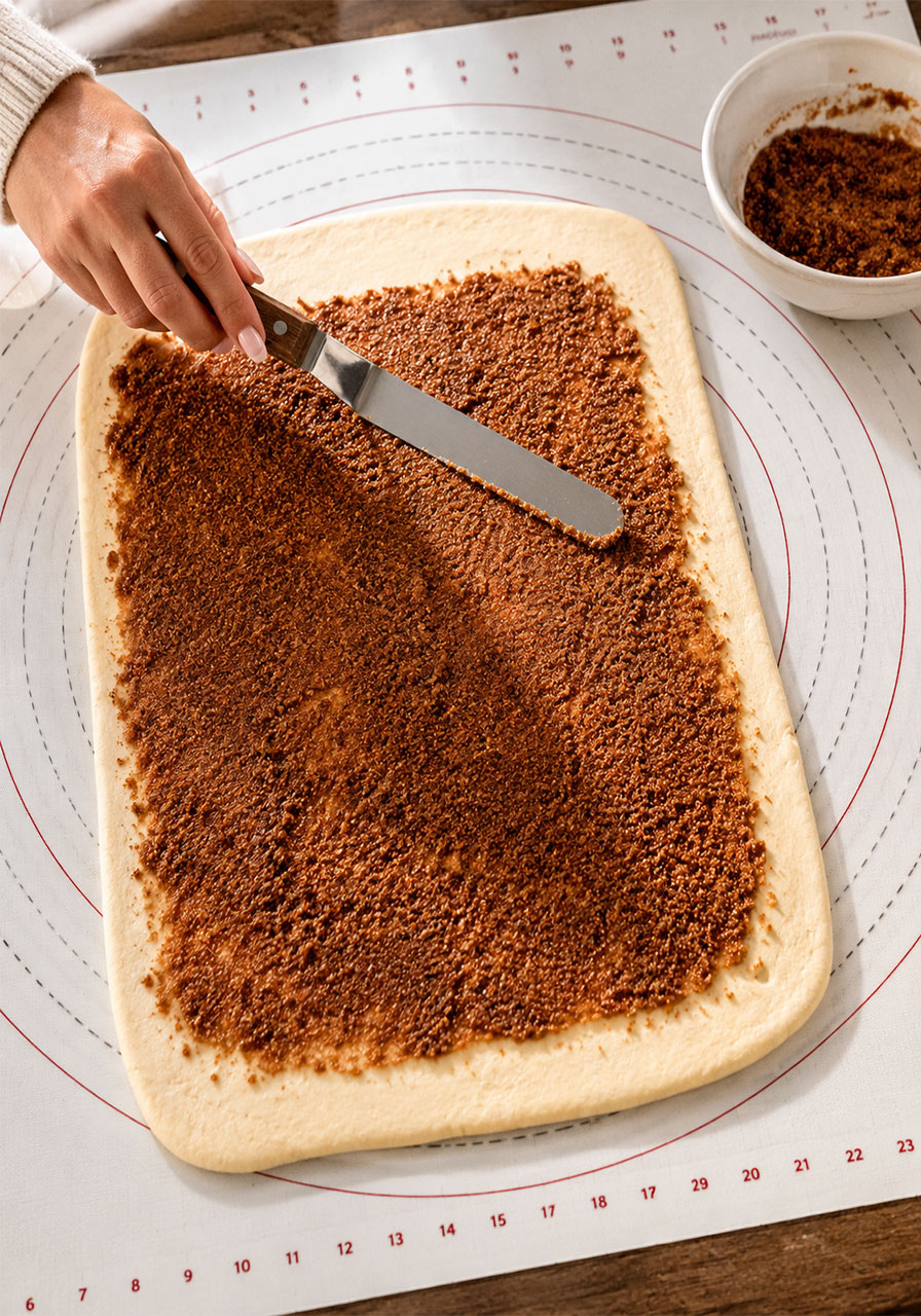 Spreading cinnamon sugar filling over vegan cinnamon roll dough with an offset spatula