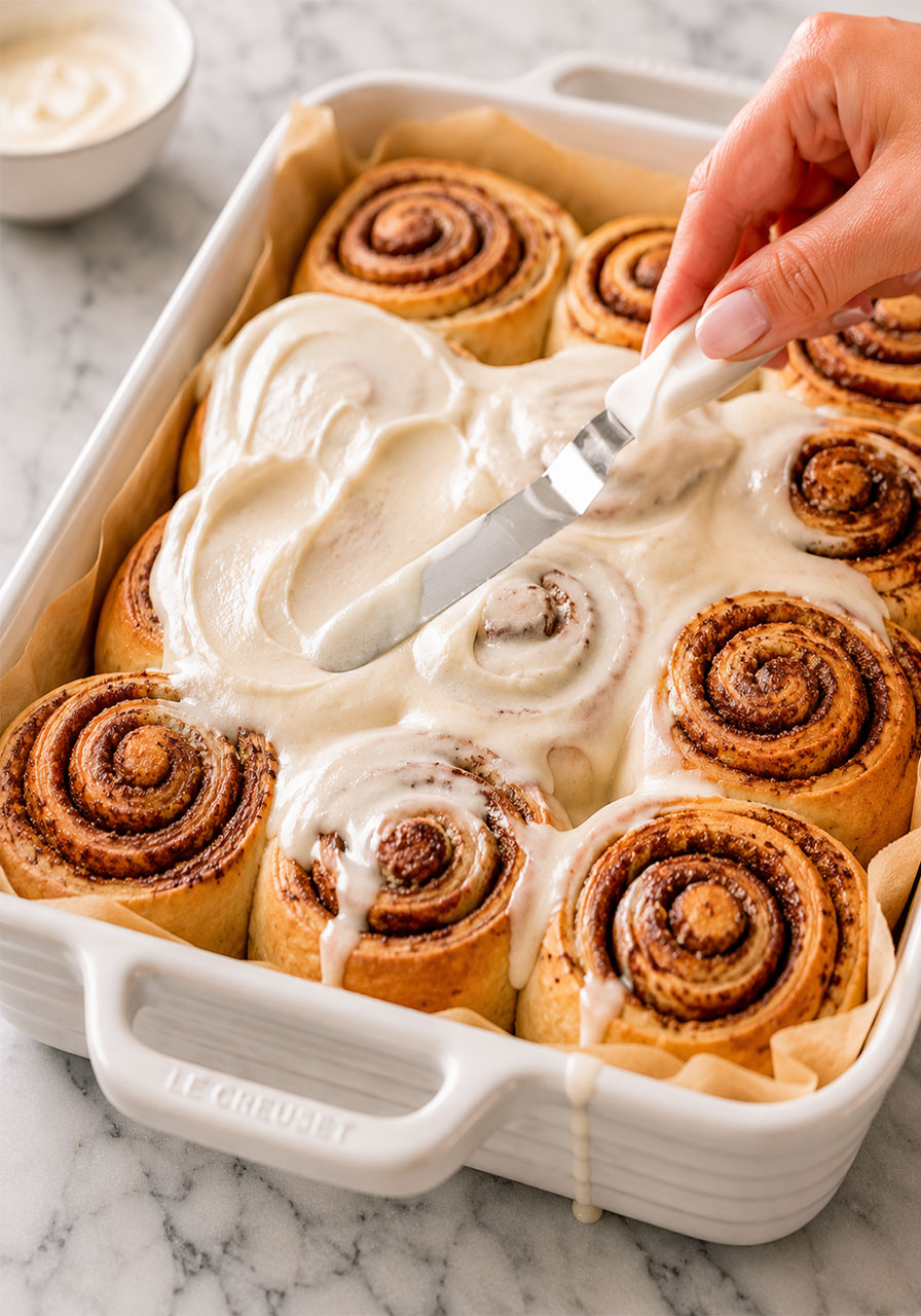 Spreading creamy dairy-free vanilla icing over warm vegan cinnamon rolls with an offset spatula