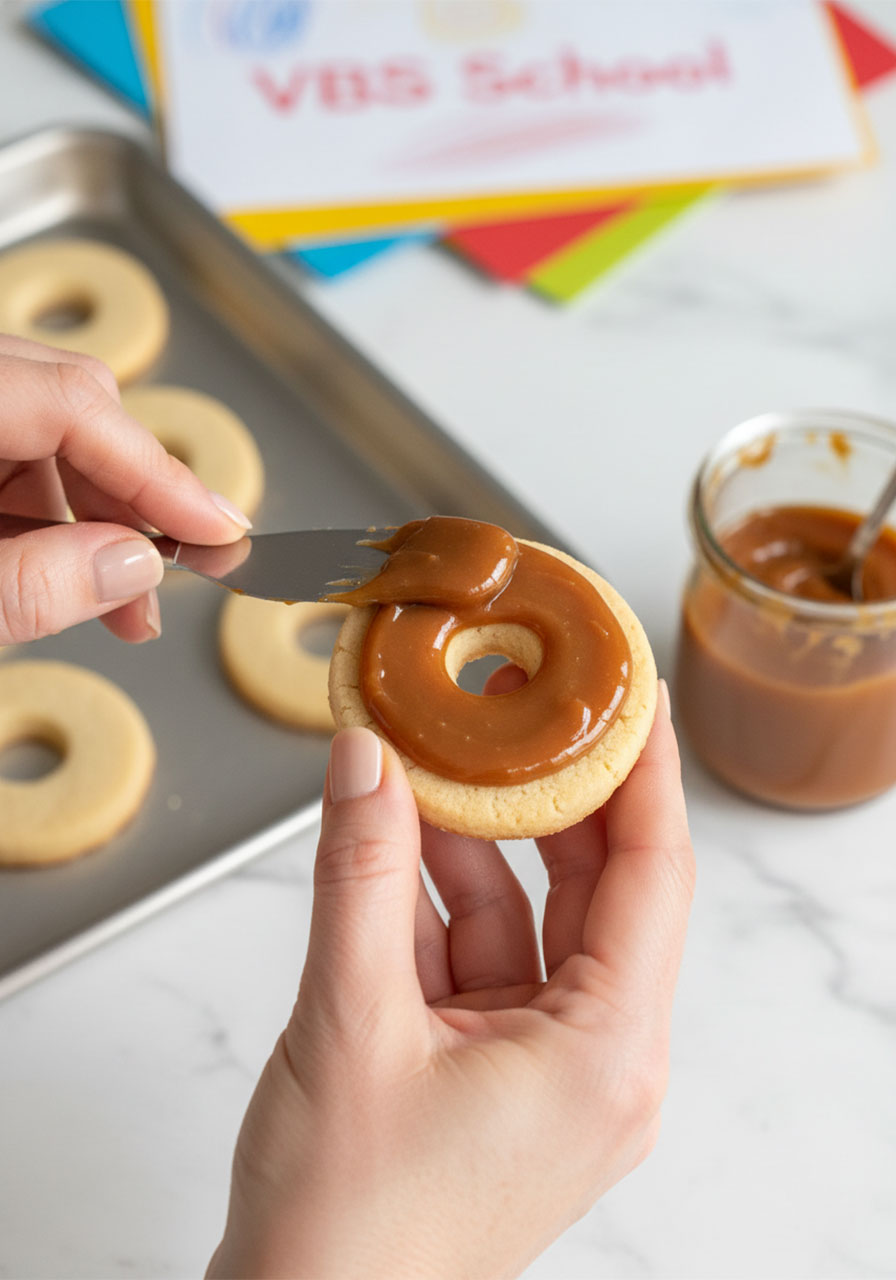 Spreading thick homemade date caramel on baked gluten-free almond flour Samoa cookie during assembly