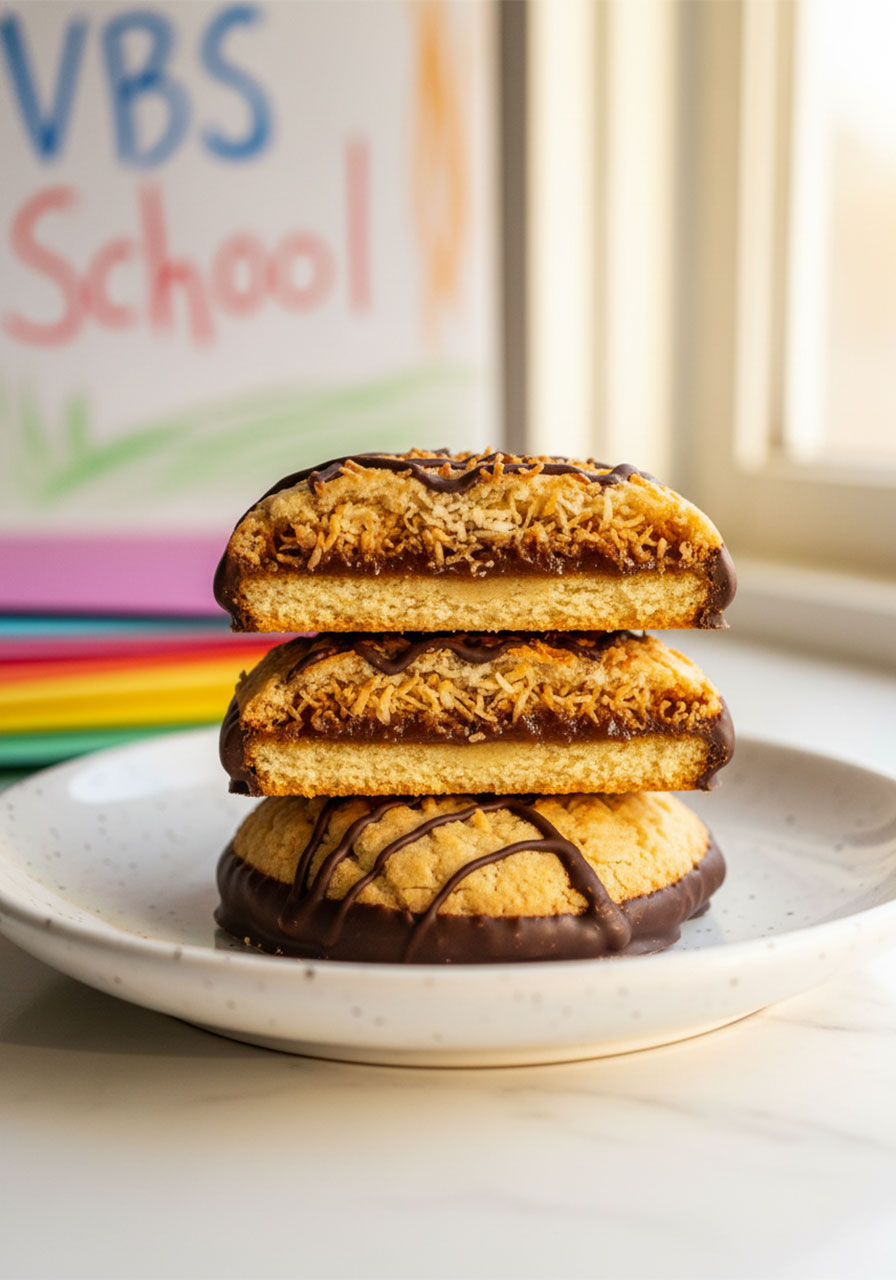 Stacked healthy Samoa cookies showing shortbread, date caramel, toasted coconut, and dark chocolate layers side profile