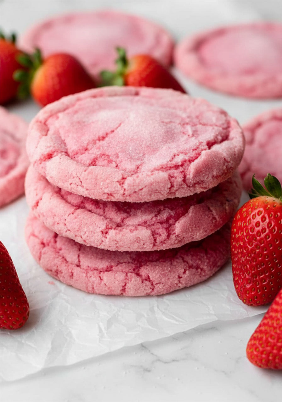 Stack of three soft pink vegan strawberry sugar cookies on parchment paper with a fresh strawberry