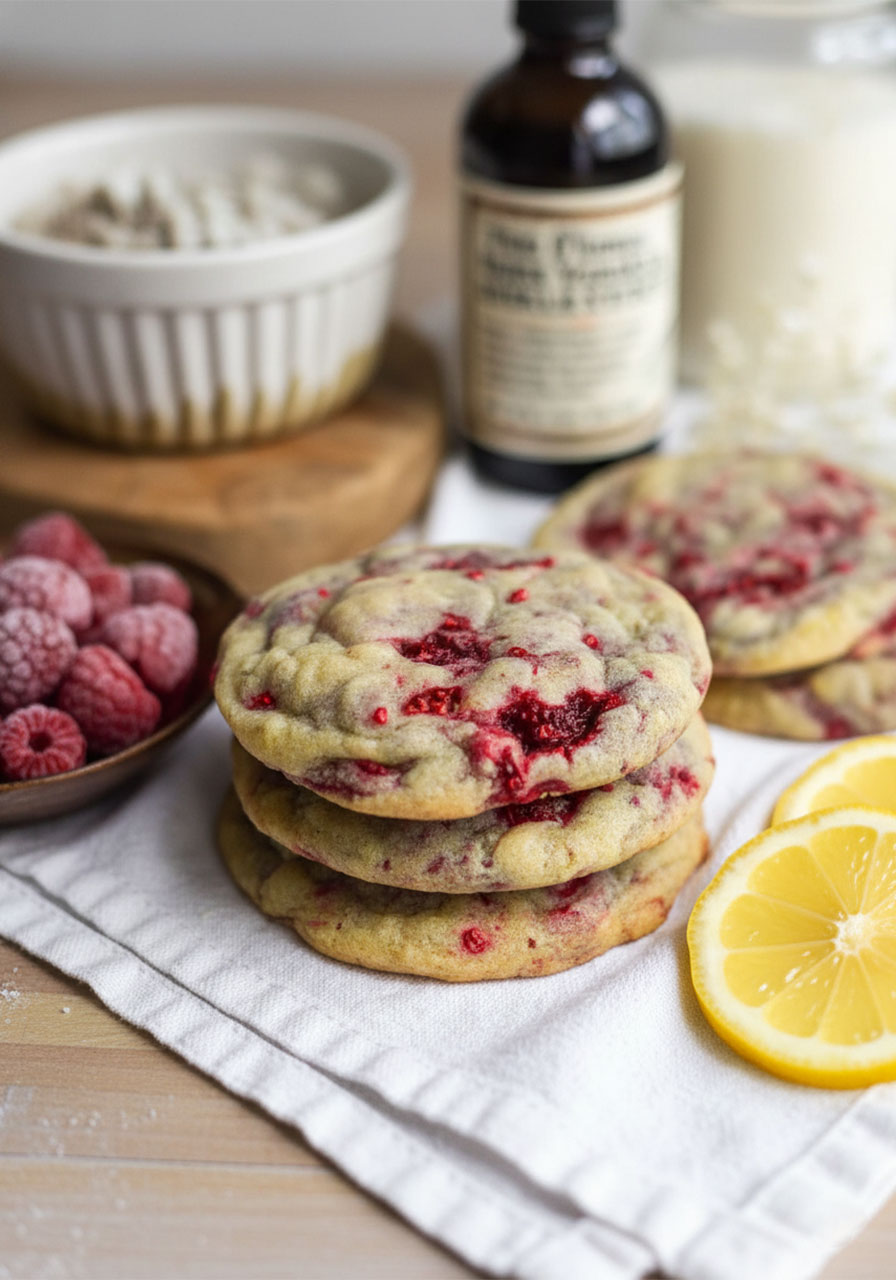 Three soft vegan lemon raspberry cookies stacked on white linen surrounded by lemon slices and frozen raspberries