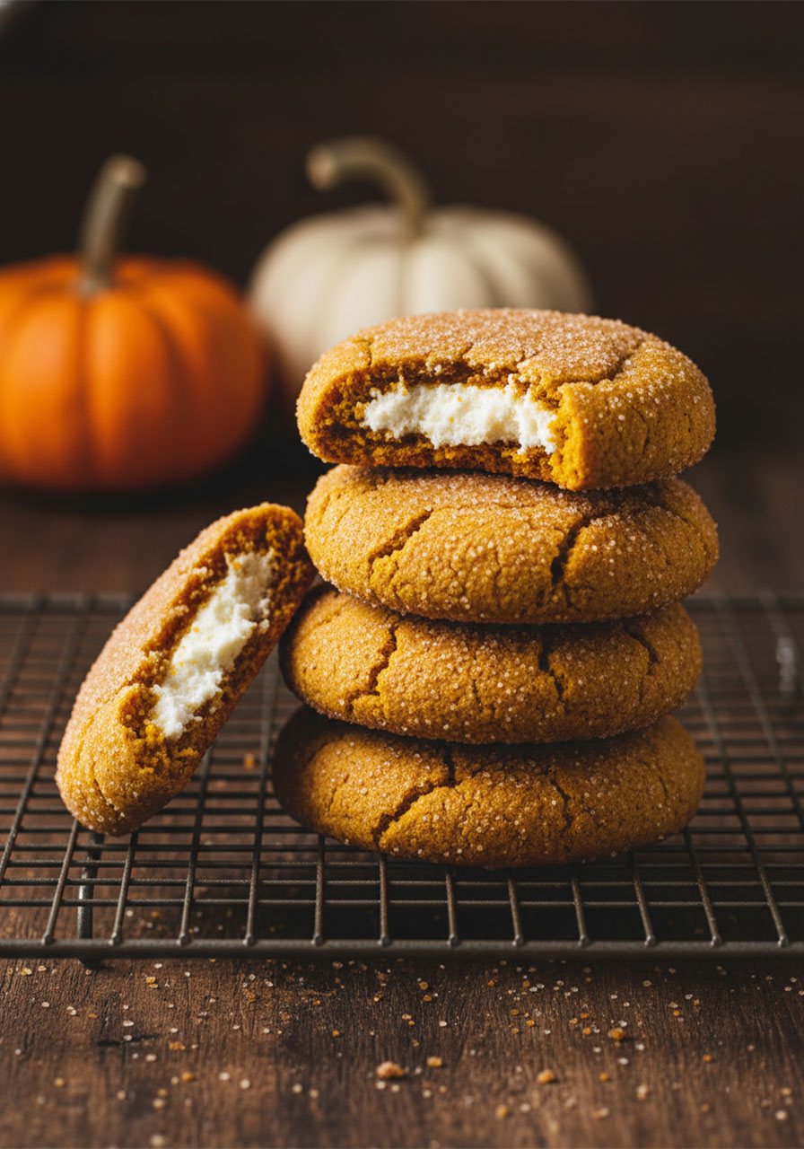 Stack of four vegan pumpkin cheesecake cookies with top cookie showing bite and cream cheese filling center