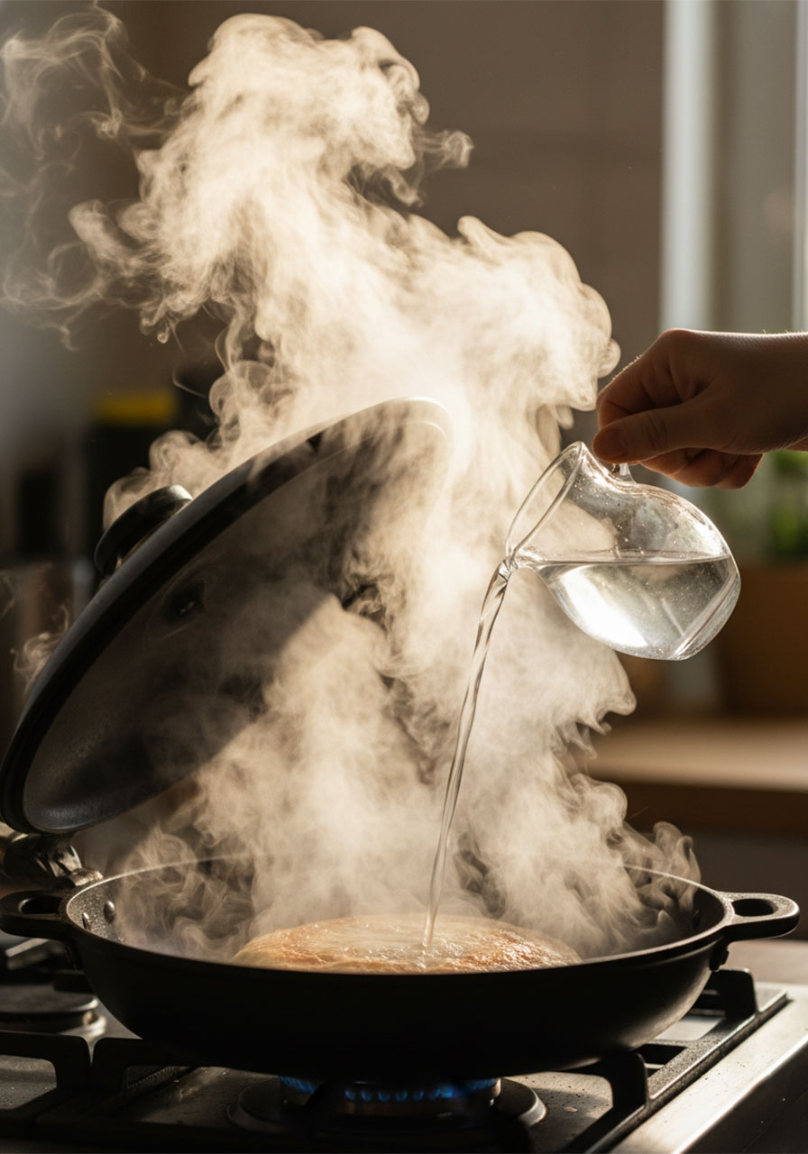 Adding water to a covered skillet to steam-cook Chinese stuffed pancakes for a soft chewy texture