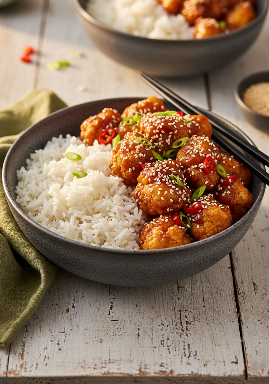 Sticky sesame cauliflower served alongside fluffy jasmine rice in a ceramic bowl for a complete healthy vegan dinner
