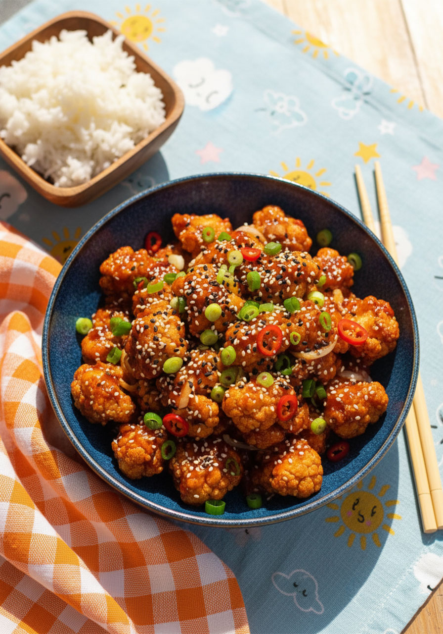 Sticky sesame cauliflower served in a ceramic bowl with jasmine rice, garnished with sesame seeds and green onions