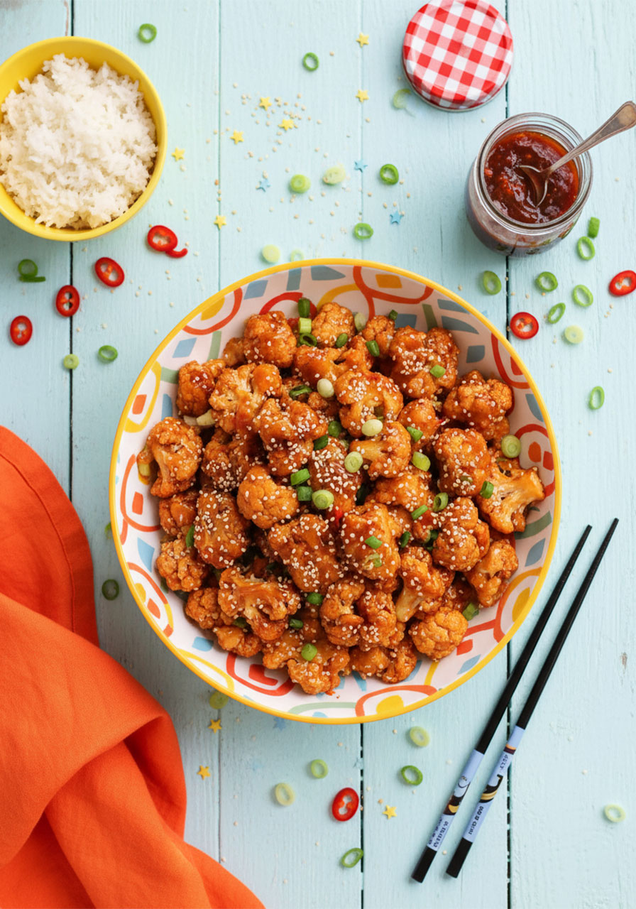 Overhead flatlay of sticky sesame cauliflower with rice, sauce jar, and chopsticks styled for a complete vegan meal