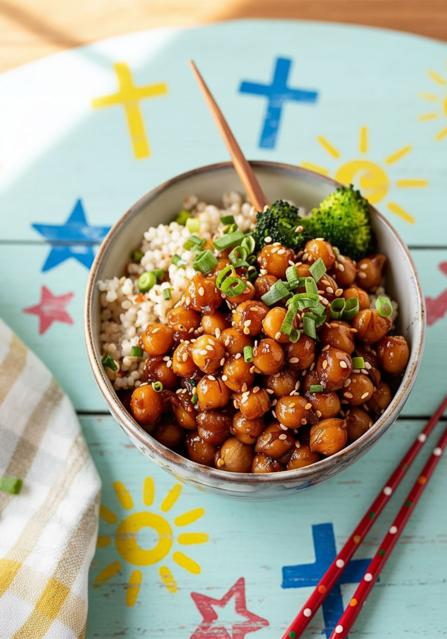Sticky sesame chickpeas in a ceramic bowl with jasmine rice and broccoli, topped with sesame seeds and green onions
