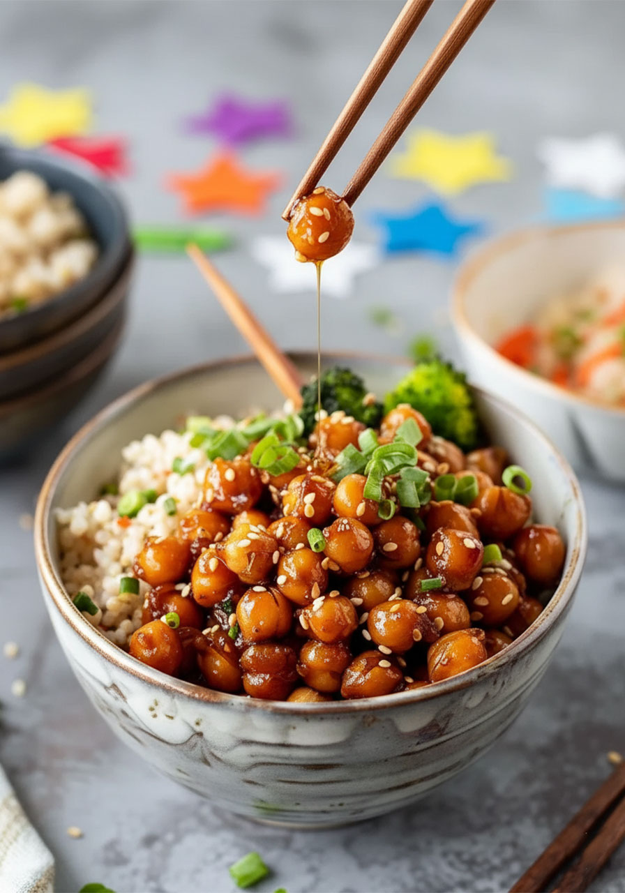 Close-up of glossy sticky sesame chickpeas in a bowl, lifted with chopsticks showing the rich sesame glaze