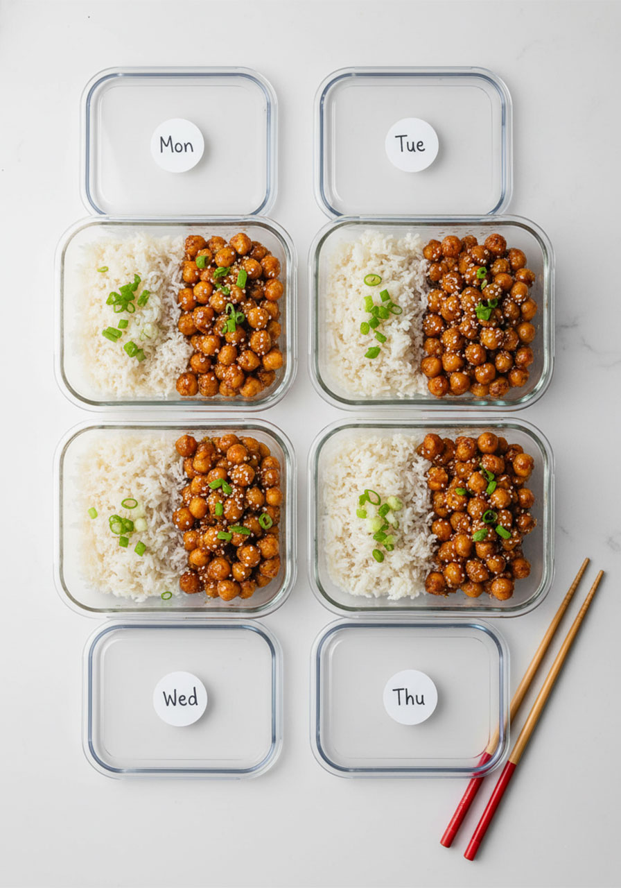 Four glass meal prep containers filled with sticky sesame chickpeas and rice, labeled by day for weekly meal prep