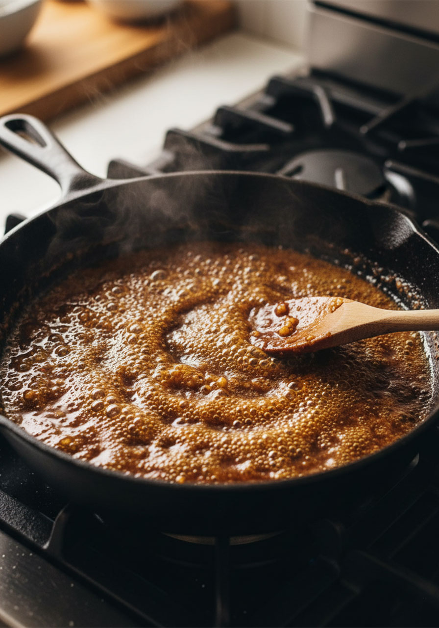 Sticky sesame sauce bubbling and thickening in a skillet, being stirred with a wooden spoon