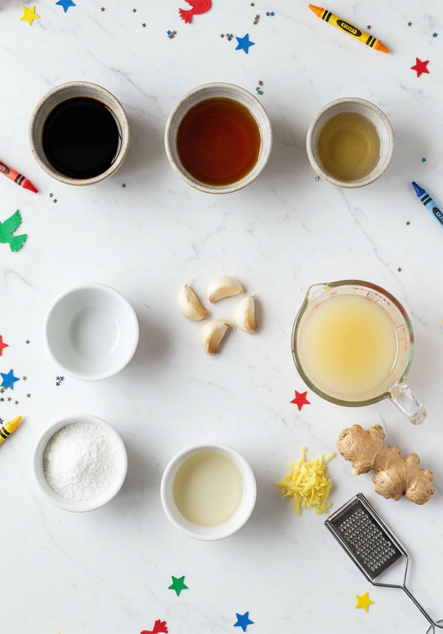 All ingredients for sticky sesame chickpea sauce arranged on white marble — tamari, maple syrup, sesame oil, ginger, garlic, arrowroot powder