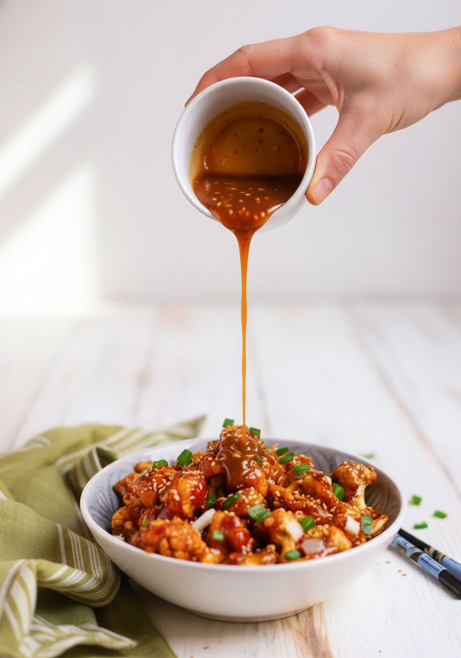 Thick sticky sesame sauce being poured over crispy baked cauliflower florets showing the final assembly step