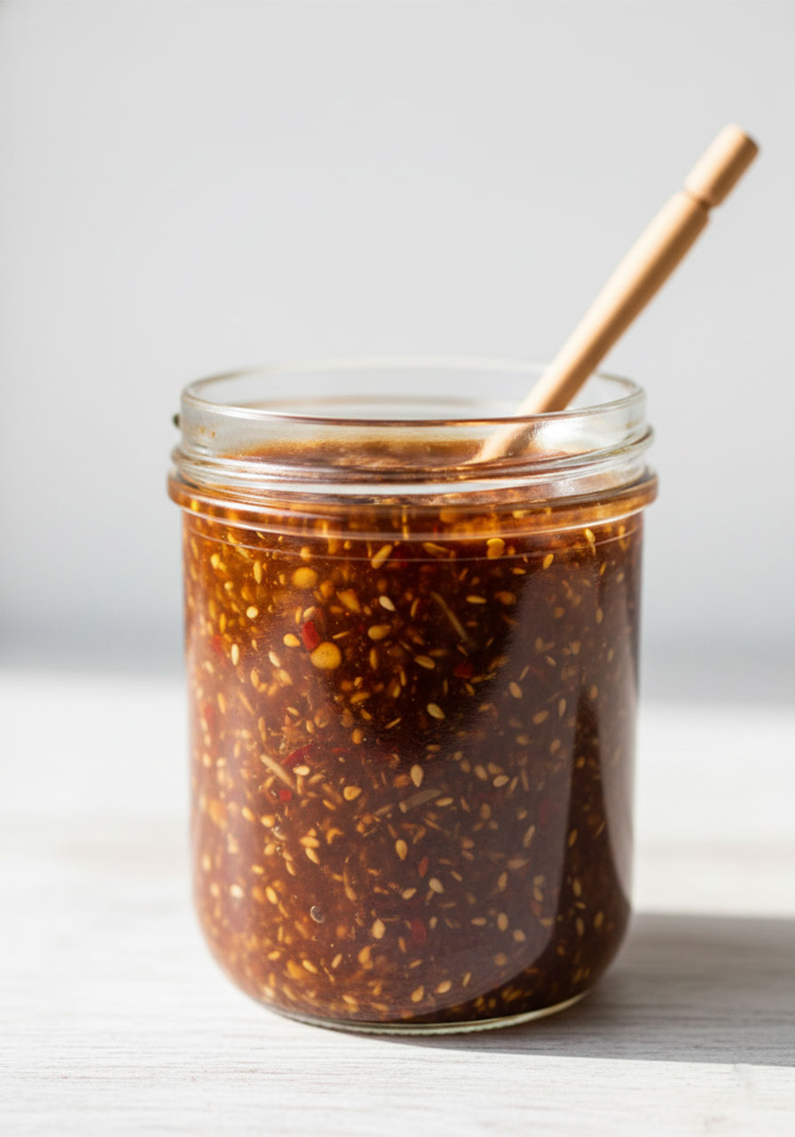 Homemade sticky sesame sauce in a glass jar showing the thick glossy glaze used in this crispy cauliflower recipe
