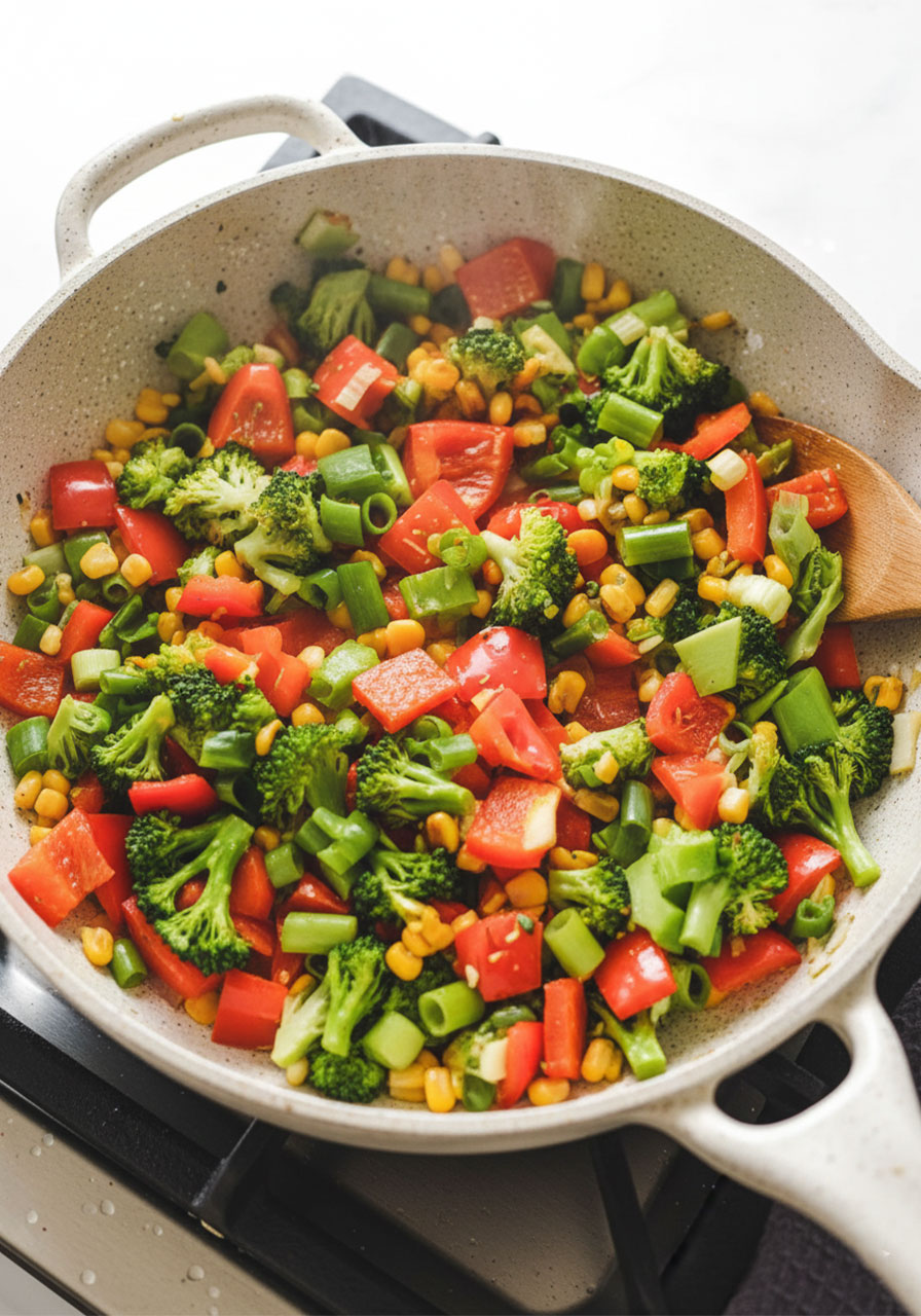 Colorful stir-fry of broccoli, red bell pepper, corn, and scallions in a white skillet for vegan egg muffin filling