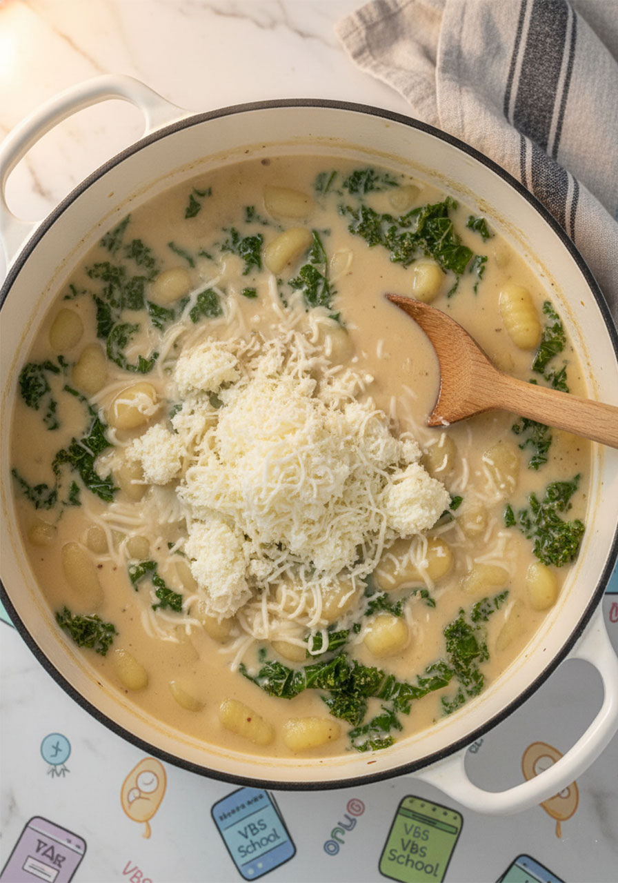Stirring shredded vegan Parmesan into creamy vegan chickpea gnocchi soup until melted