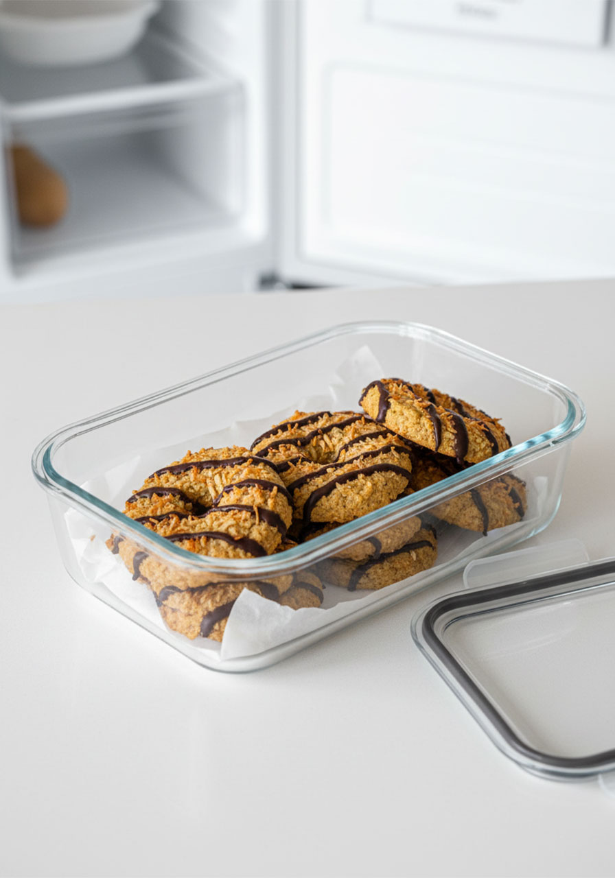 Storing healthy vegan Samoa cookies in airtight glass container in freezer to keep fresh up to 60 days