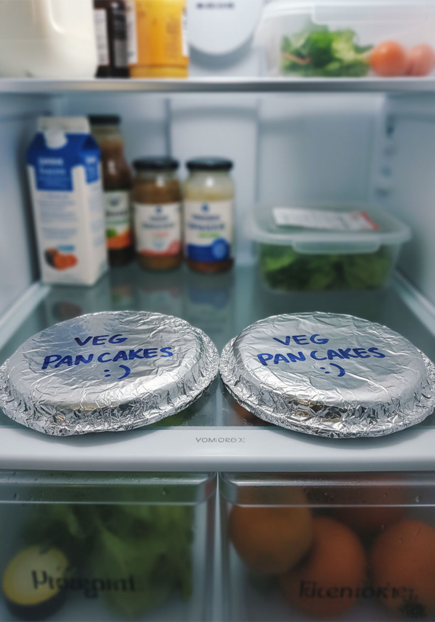 Two foil-wrapped Korean vegetable pancakes labeled and stored in the refrigerator for meal prep and easy reheating