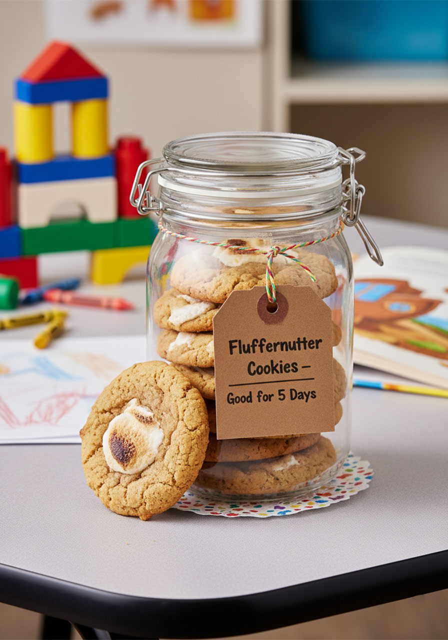 Vegan fluffernutter cookies stored in a clear airtight glass container on kitchen counter for up to five days