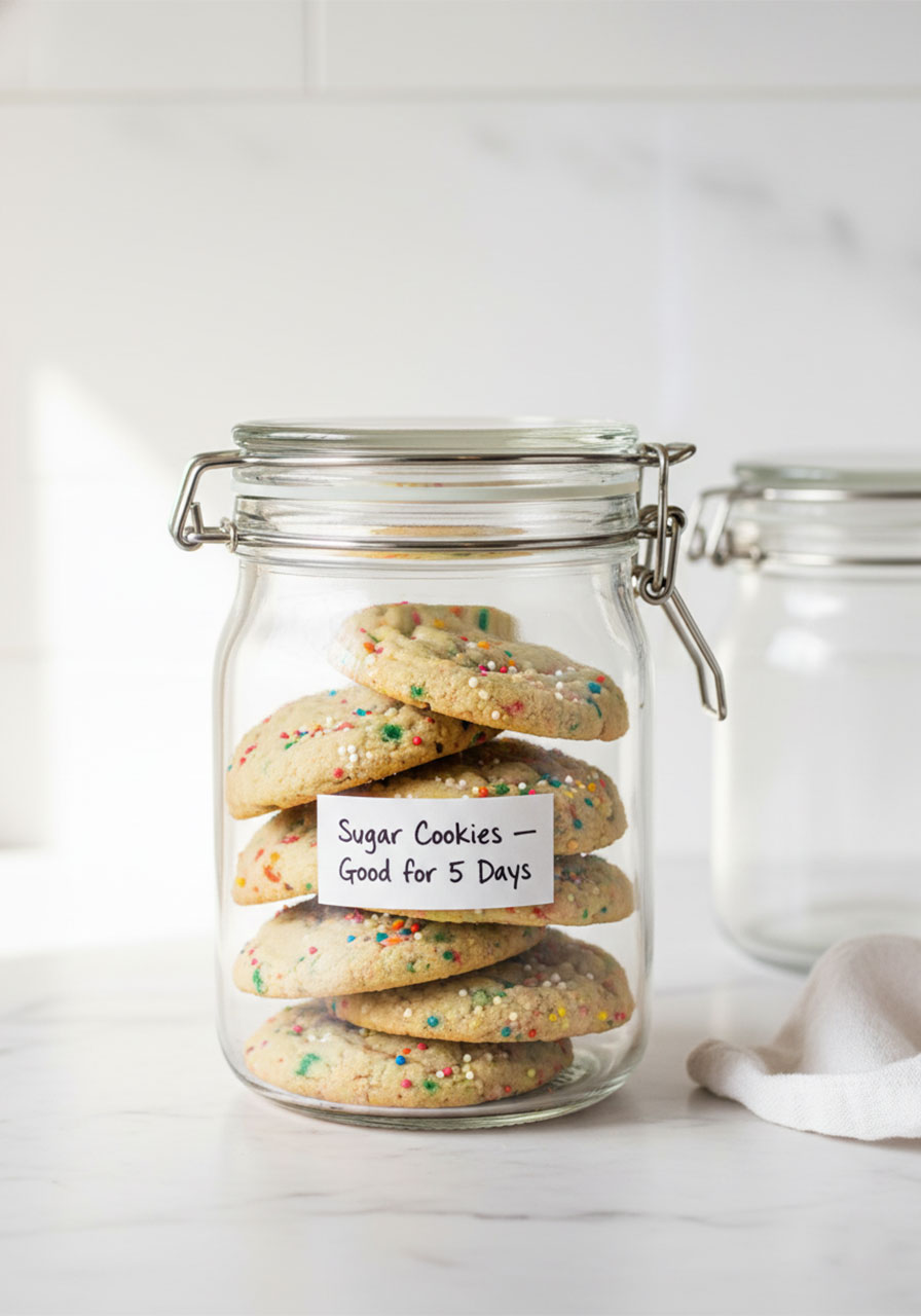 Vegan funfetti sugar cookies stored in a sealed glass airtight container on a kitchen counter, good for up to 5 days
