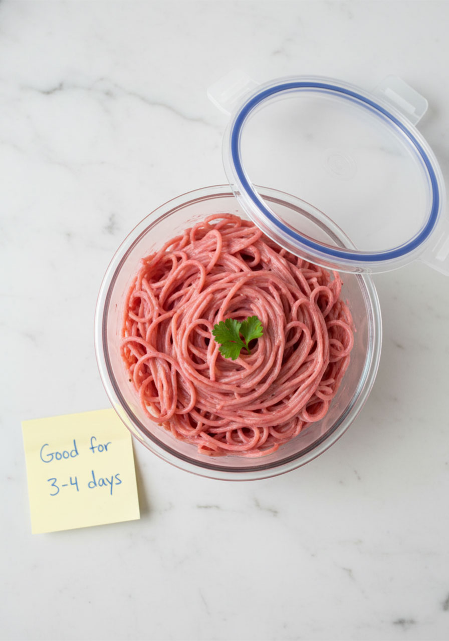 Creamy vegan pink pasta stored in a glass meal prep container for up to 4 days in the fridge