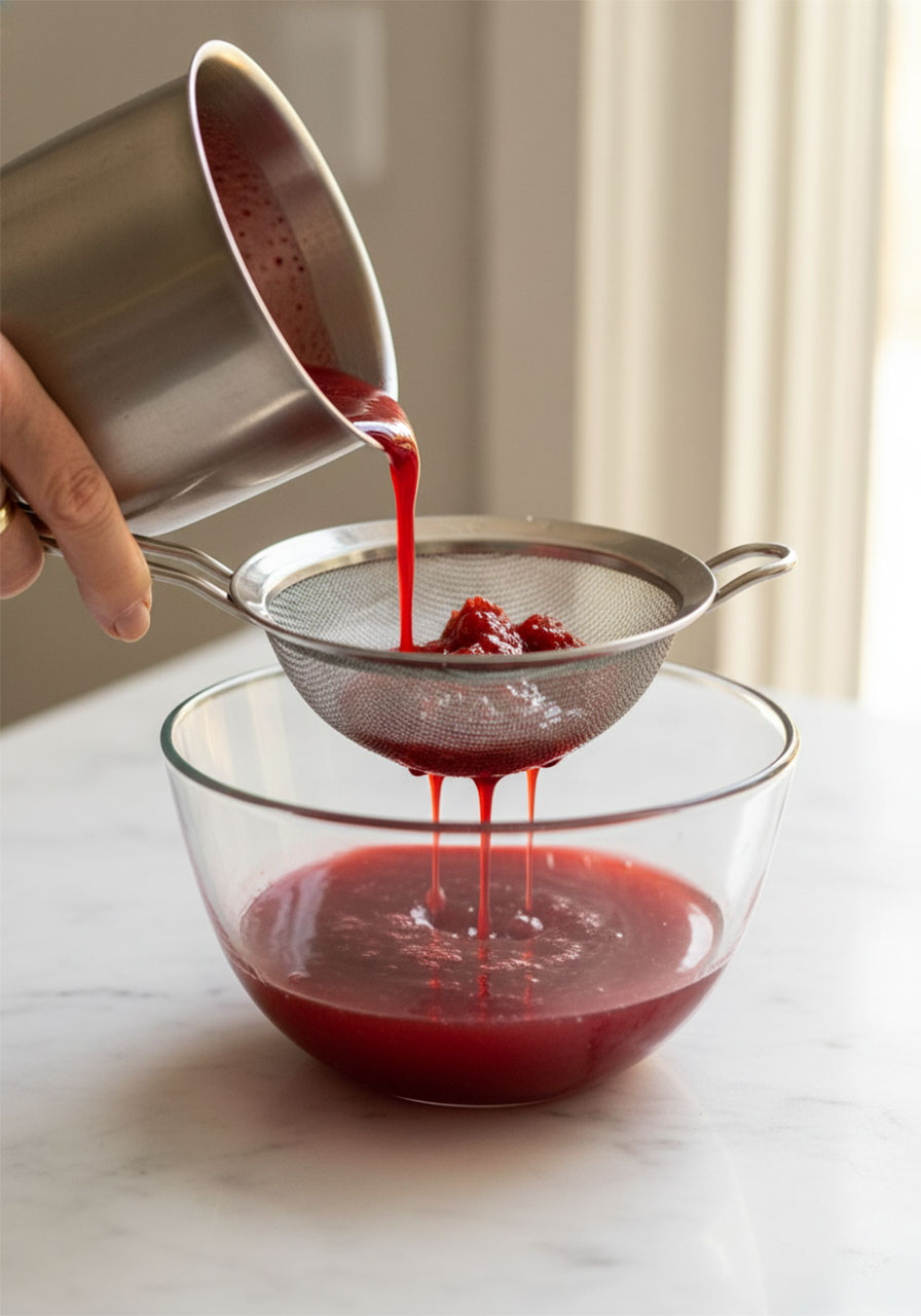 Straining homemade strawberry syrup through a fine mesh sieve into a glass bowl