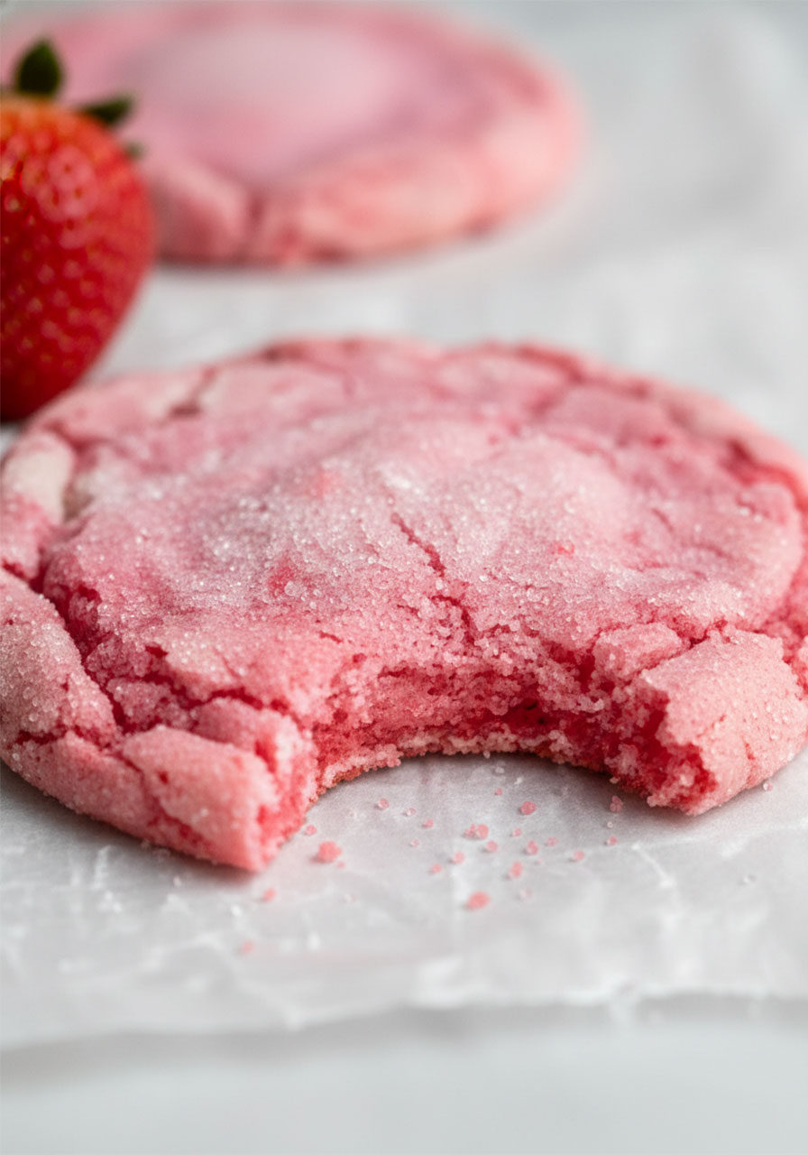Close up of a bitten strawberry sugar cookie showing the soft and chewy gluten free interior