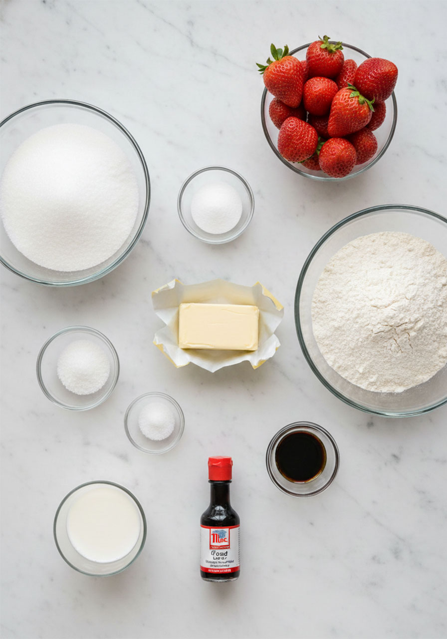 All ingredients for gluten free strawberry sugar cookies laid out on marble including strawberries, butter, flour and sugar