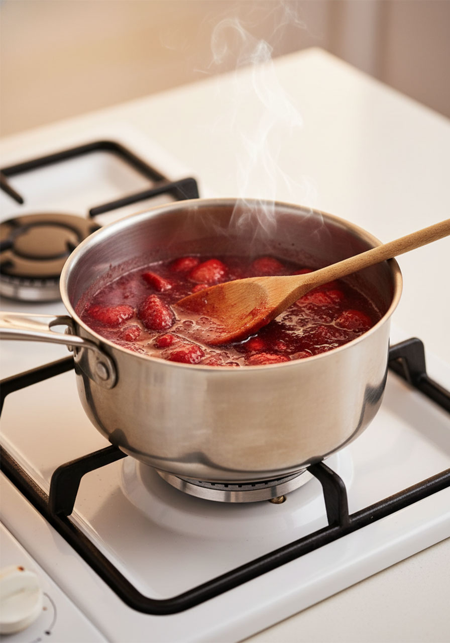 Homemade strawberry syrup bubbling in a saucepan for gluten free strawberry sugar cookies