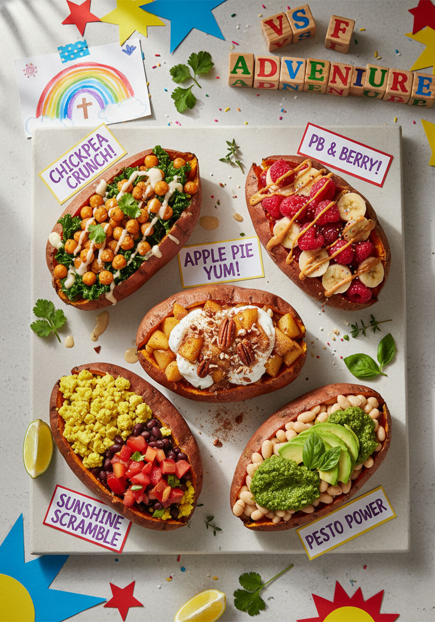 Five stuffed breakfast sweet potatoes with different healthy vegan toppings arranged on a gray surface