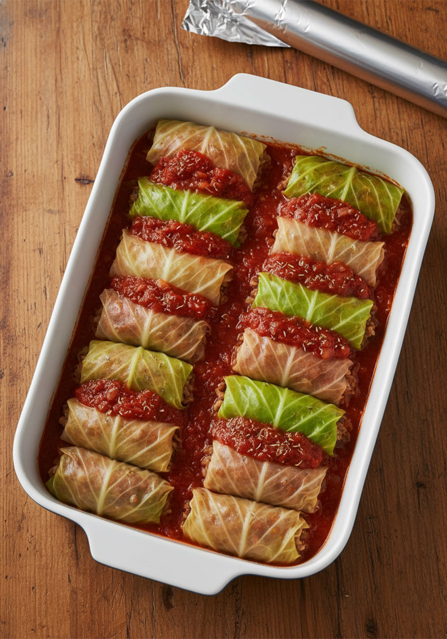 Vegetarian stuffed cabbage rolls arranged seam-side down in baking dish covered with tomato sauce, ready to bake