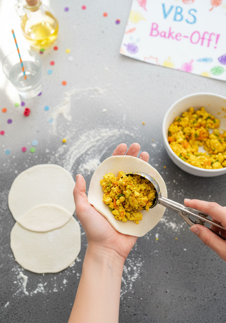 Filling a homemade dough wrapper with turmeric tofu and carrot veggie mixture for Chinese stuffed pancakes