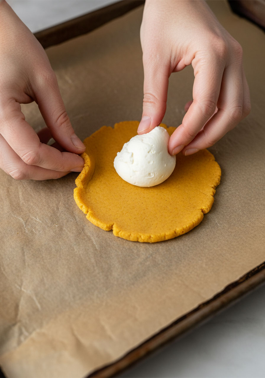 Hands placing frozen vegan cream cheese filling into flattened pumpkin cookie dough to stuff the cookie