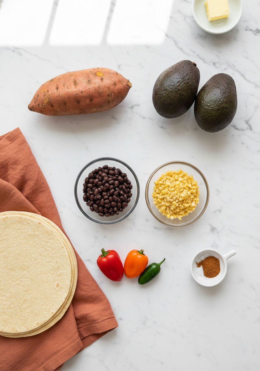 All fresh ingredients for sweet potato black bean quesadillas laid out flat on white marble counter including sweet potato, black beans, avocado, corn, peppers, and cheese