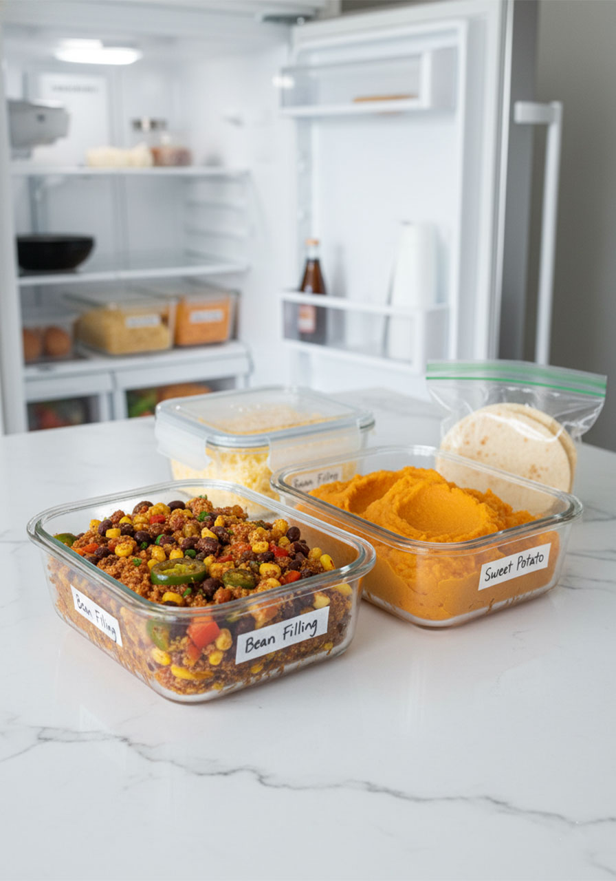 Meal prep containers filled with black bean filling and sweet potato mash stored in refrigerator for easy vegetarian quesadilla meal prep