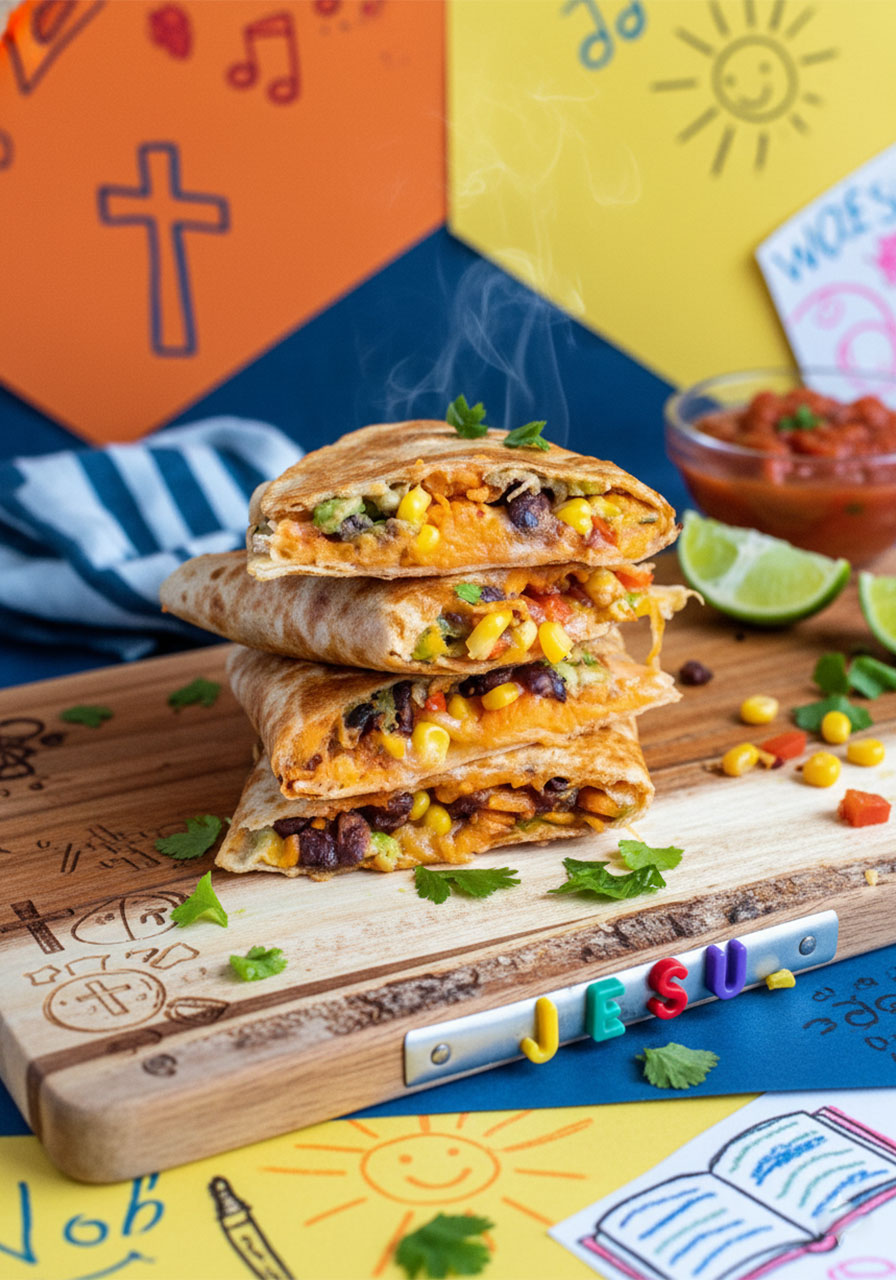 Stack of crispy sweet potato black bean quesadillas sliced open showing colorful filling on wooden cutting board