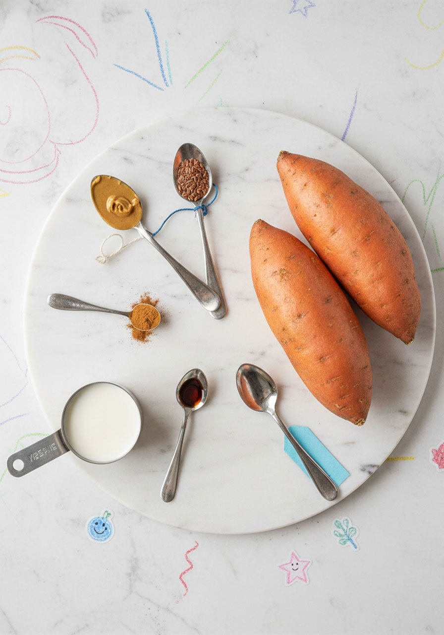 Flat lay of sweet potato breakfast bowl ingredients including sweet potatoes, non-dairy milk, cashew butter, ground flax, cinnamon, and vanilla extract