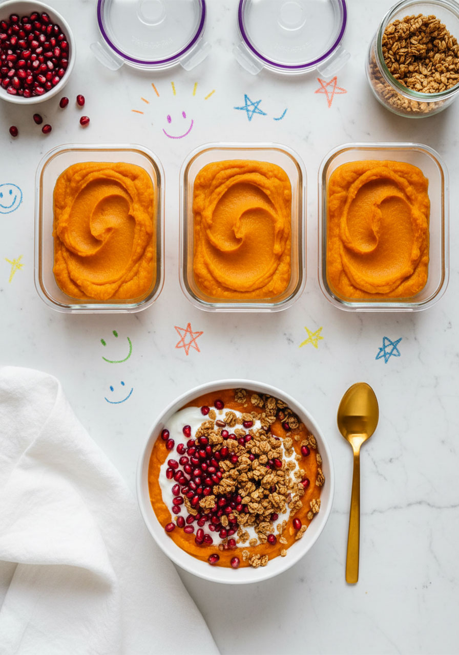 Overhead meal prep layout showing three glass containers filled with sweet potato breakfast bowl base alongside one assembled bowl with granola and pomegranate toppings