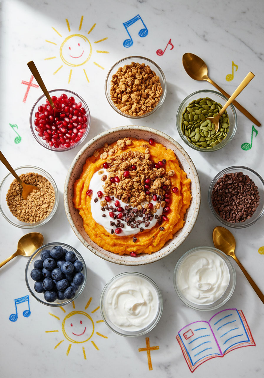 Overhead flat lay of sweet potato breakfast bowl topping options including pomegranate seeds, granola, pumpkin seeds, cacao nibs, coconut yogurt, and blueberries