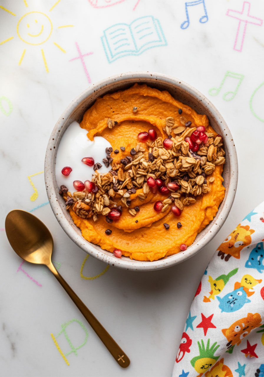Overhead view of a vegan grain free sweet potato breakfast bowl topped with coconut yogurt, pomegranate seeds, and granola on a marble surface