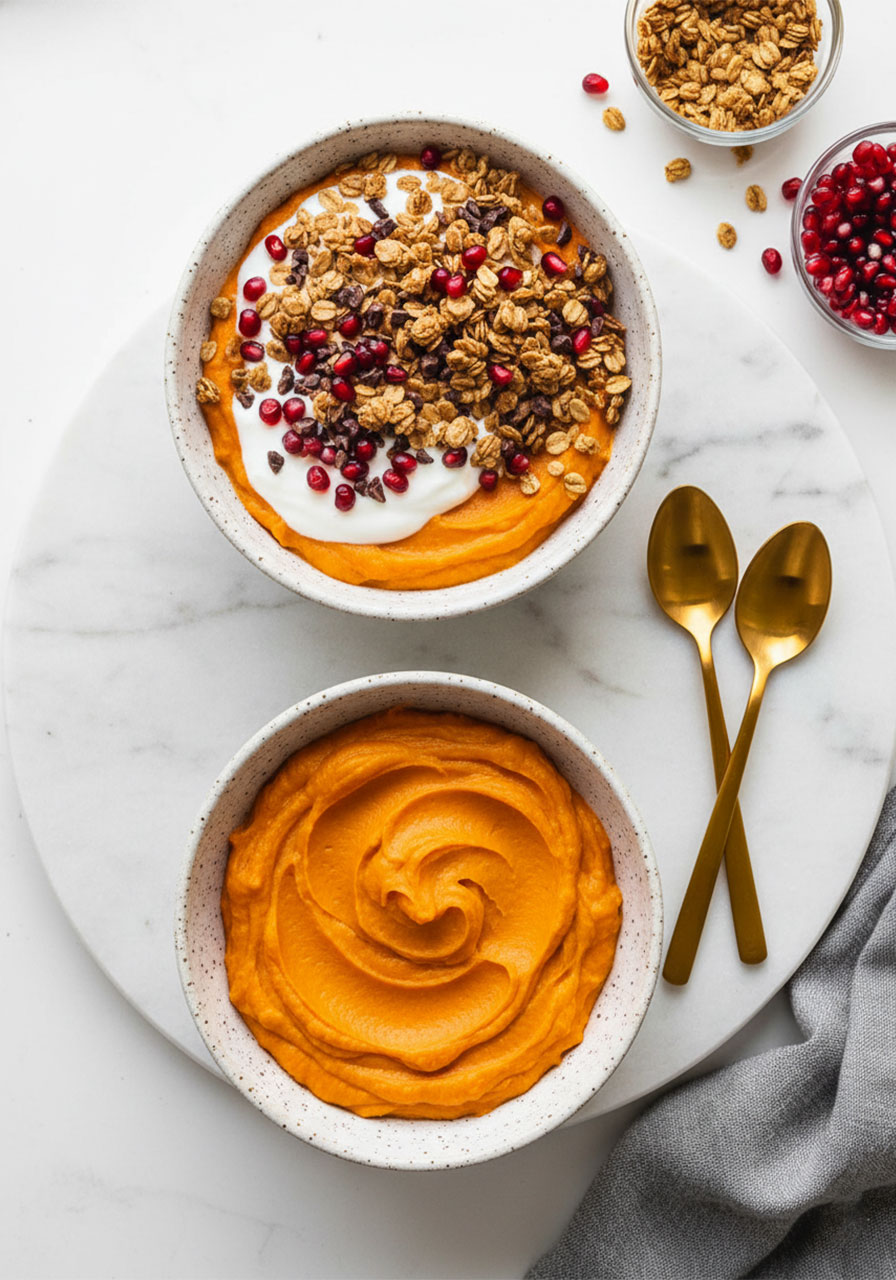 Two sweet potato breakfast bowls side by side on a marble board, one topped with coconut yogurt, pomegranate seeds, and granola, styled for a vegan grain free breakfast recipe