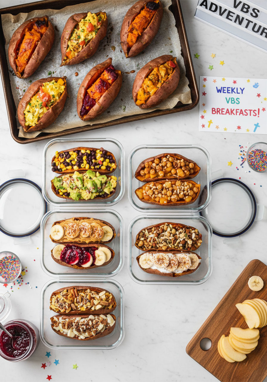 Six baked sweet potatoes on a baking sheet with glass meal prep containers filled with different stuffed sweet potato varieties for weekly healthy breakfast prep