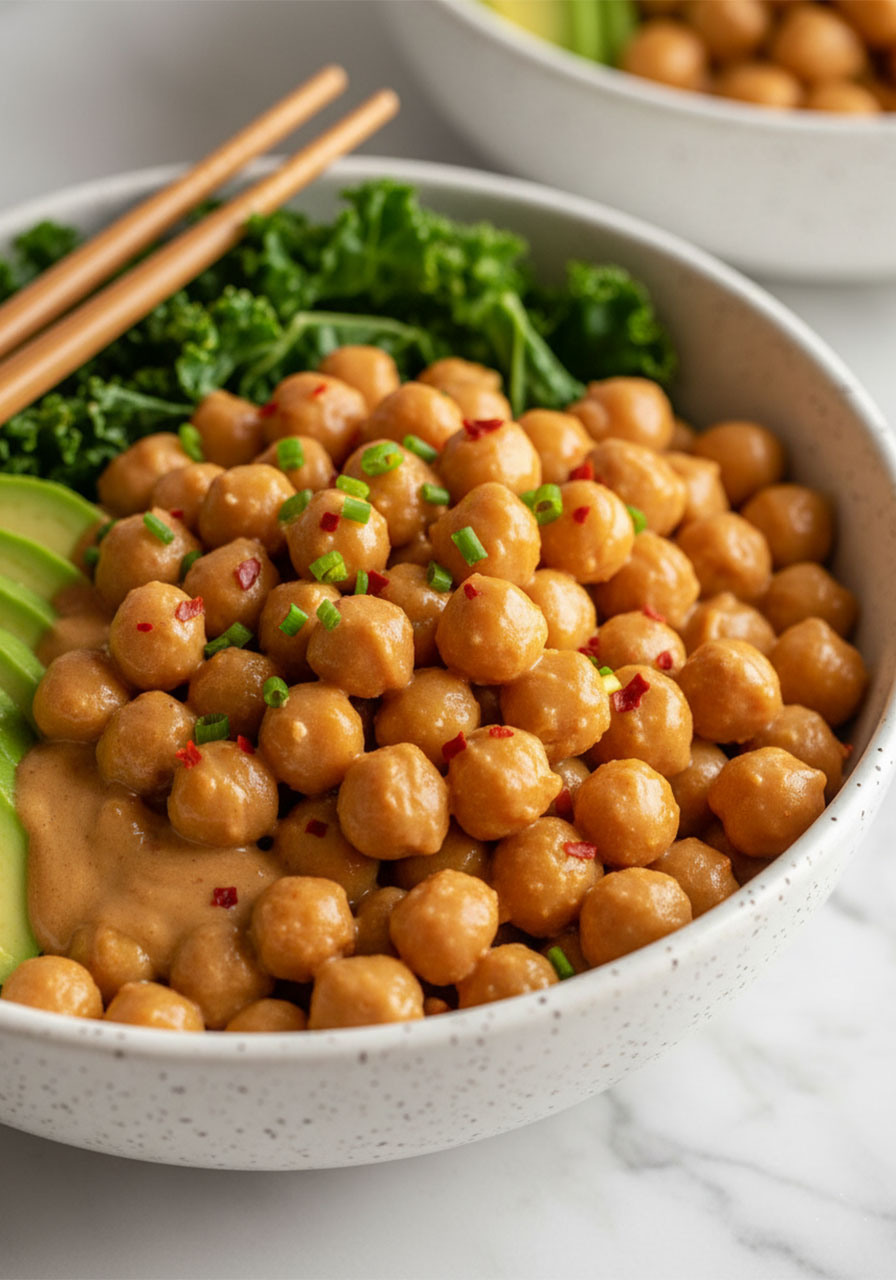 Close-up of golden chickpeas coated in creamy Thai peanut sauce topped with fresh chives and red pepper flakes