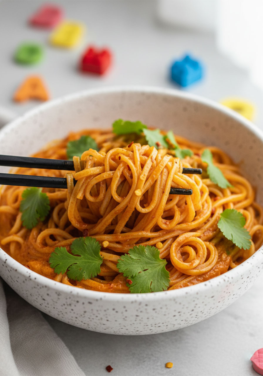 Close-up of Thai red curry rice noodles with chopsticks showing glossy coconut curry sauce coating each noodle strand