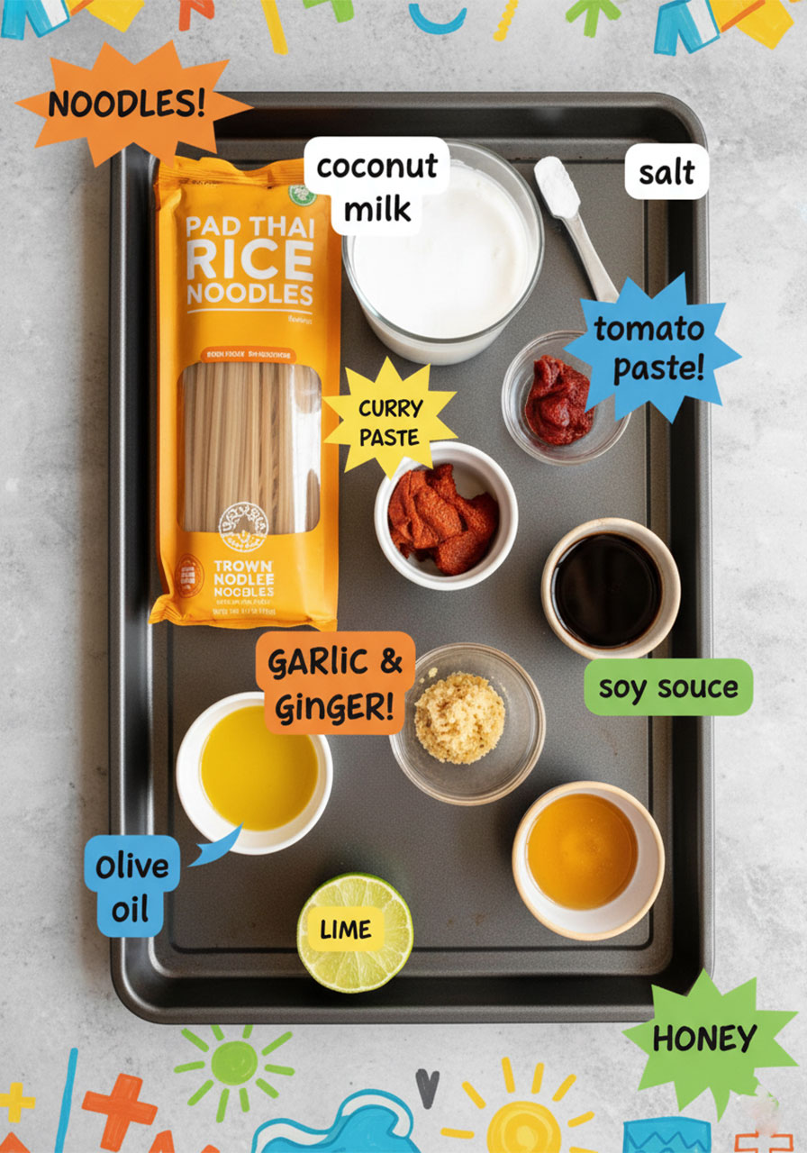 Flat lay of all ingredients needed to make Thai red curry noodles including coconut milk, red curry paste, garlic, ginger, lime, and rice noodles