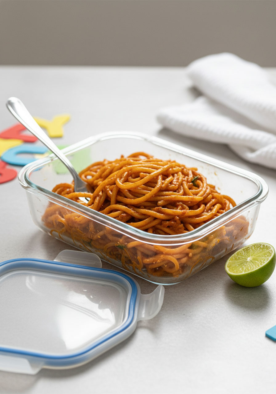 Thai red curry noodles stored in a glass meal prep container showing how to store leftovers in the fridge for up to 5 days