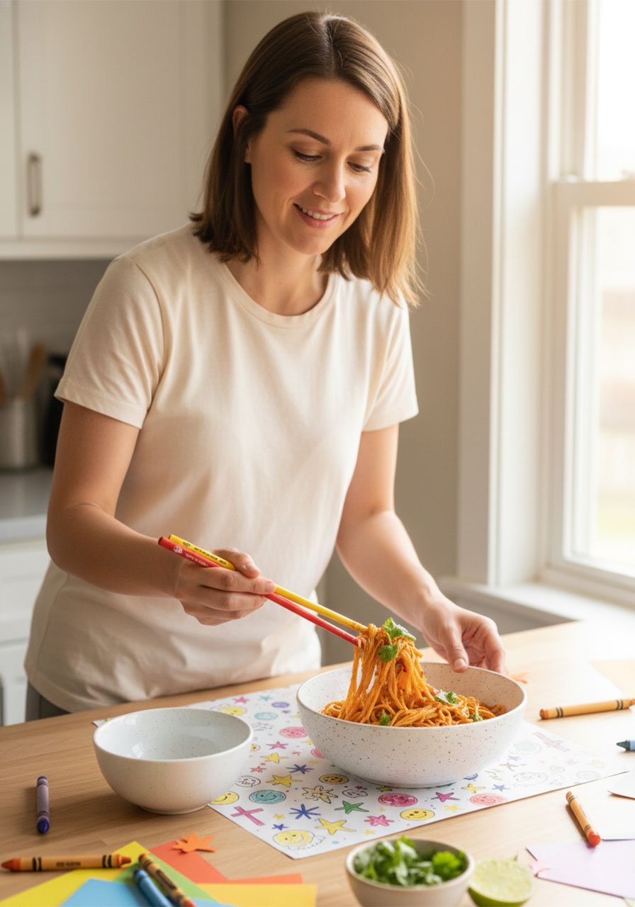 Woman serving Thai red curry noodles into bowls for a cozy family dinner at home, a quick and easy vegan weeknight meal
